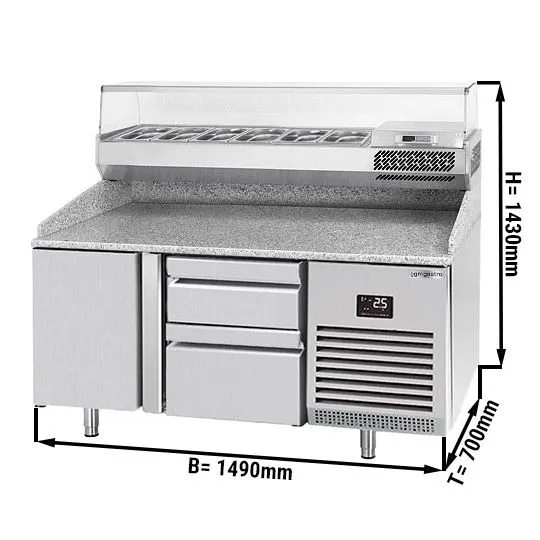 Chladiaci stôl na pizzu PREMIUM PLUS - 1490x700mm - s 1 dvierkami a 2 zásuvkami - vrátane chladiacej vitríny - 6x GN 1/4