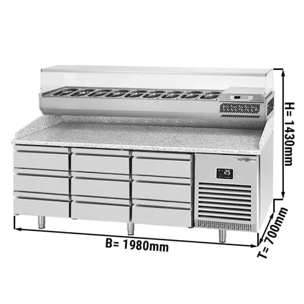 Chladiaci stôl na pizzu PREMIUM PLUS - 1980x700mm - s 9 zásuvkami - vrátane chladiacej vitríny - 9x GN 1/4