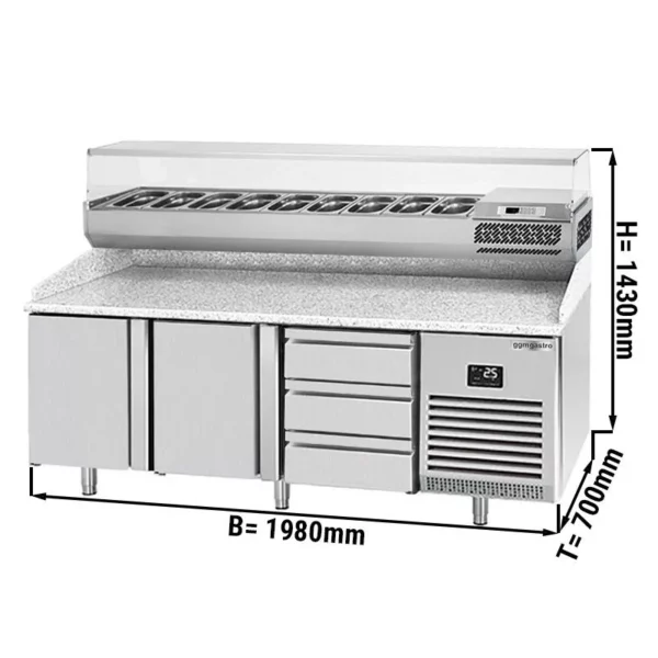 Chladiaci stôl na pizzu PREMIUM PLUS - 1980x700mm - s 2 dvierkami - vrátane chladiacej vitríny - 9x GN 1/4