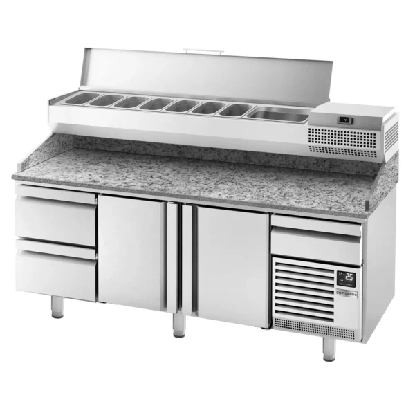 Chladiaci stôl na pizzu PREMIUM PLUS - 2305x800mm - s 2 dvierkami a 2 zásuvkami - vrátane chladiacej vitríny - 10x GN 1/3 - Image 14