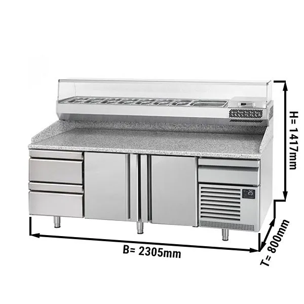 Chladiaci stôl na pizzu PREMIUM PLUS - 2305x800mm - s 2 dvierkami a 2 zásuvkami - vrátane chladiacej vitríny - 10x GN 1/3