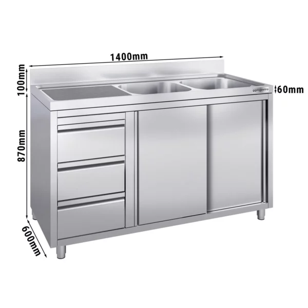 Skrinka pod umývadlo - 1400 x 600 mm - s 3 zásuvkami a 2 umývadlami vpravo