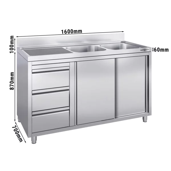 Skrinka s umývadlom - 1600x700mm - s 3 zásuvkami a 2 umývadlami na pravej strane