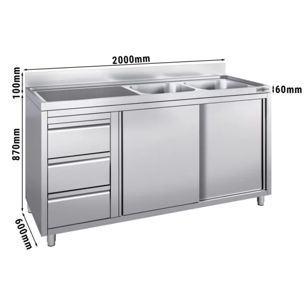 Skrinka pod umývadlo - 2000 x 600 mm - s 3 zásuvkami a 2 umývadlami vpravo