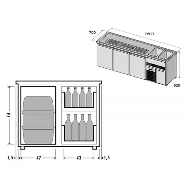 Pivný pult PREMIUM PLUS - 2500x700mm - 2 dvierka a 2 zásuvky - Image 3