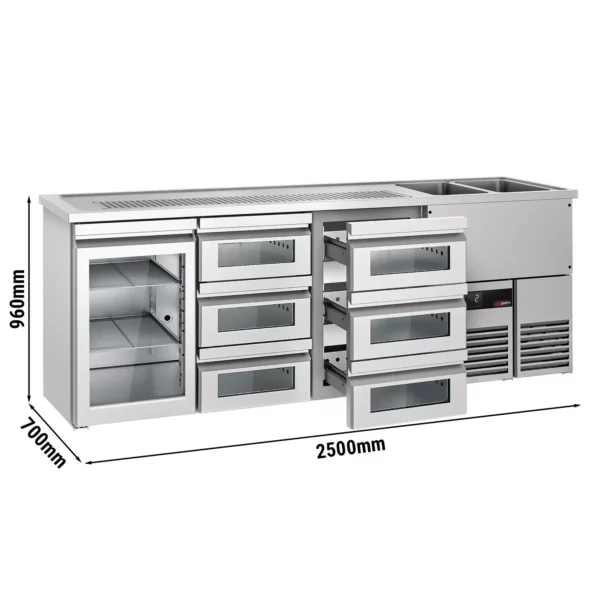 Pivný bar PREMIUM - 2500x700mm - 1 sklenené dvierka a 6 sklenených zásuviek