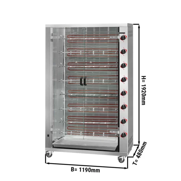 Elektrický gril na kurčatá PREMIUM s 8 ražňami pre 48 kurčiat - 1190 x 480 x 1720 mm
