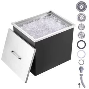 Nádoba na ľad, 77,9 l nerezový chladič ľadu, 532 x 430 x 458 mm komerčná nádoba na ľad s krytom, vstavaná nádoba na ľad, odtoková rúra a odtoková zátka sú súčasťou