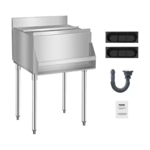 Nádoba na ľad 61,6 l Zásobník na ľad pod pult (610 x 614 x 930 mm) Nerezový chladiaci box s posuvným vekom a nastaviteľnými guľovými nožičkami, chladiaci vozík do baru, reštaurácie, kuchyne, strieborný