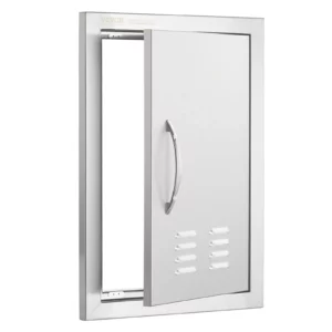 Prístupové dvierka ku grilu 356 x 508 mm, Jednoduché vonkajšie kuchynské dvierka, Zapustené dvierka z nehrdzavejúcej ocele, Zvislé nástenné dvierka s úchytkou a vetracími otvormi, pre grilovací ostrovček, grilovaciu stanicu, vonkajšiu skrinku