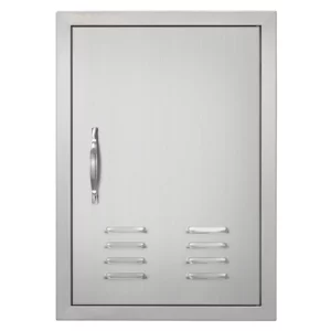 Prístupové dvierka ku grilu 610 x 431 mm, Jednoduché vonkajšie kuchynské dvierka, Zapustené dvierka z nehrdzavejúcej ocele, Zvislé nástenné dvierka s kľučkou, Vetracie otvory a háčiky, pre grilovací ostrovček, grilovacia stanica