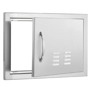 Prístupové dvierka ku grilu 610 x 432 mm, Jednoduché vonkajšie kuchynské dvierka, Zapustené dvierka z nehrdzavejúcej ocele, Zvislé nástenné dvierka s rukoväťou a vetracími otvormi, pre grilovací ostrovček, grilovaciu stanicu, vonkajšiu skrinku