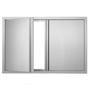 Prístupové dvierka ku grilu  710 x 482 mm, Dvojité vonkajšie kuchynské dvierka, Zapustené dvierka z nehrdzavejúcej ocele, Zvislé nástenné dvierka s výsuvnými rukoväťami, pre grilovací ostrovček, grilovaciu stanicu, vonkajšiu skrinku