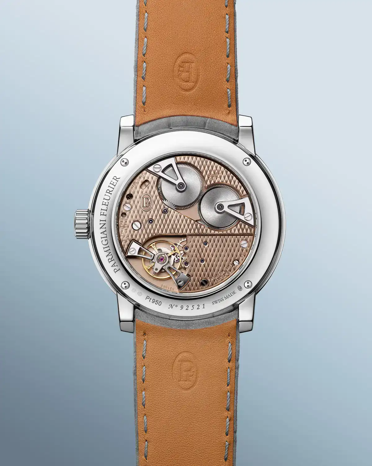 Sapphire caseback of the Toric Petite Seconde Morning Blue revealing the hand-wound PF780 calibre with 18k rose gold bridges and two barrels