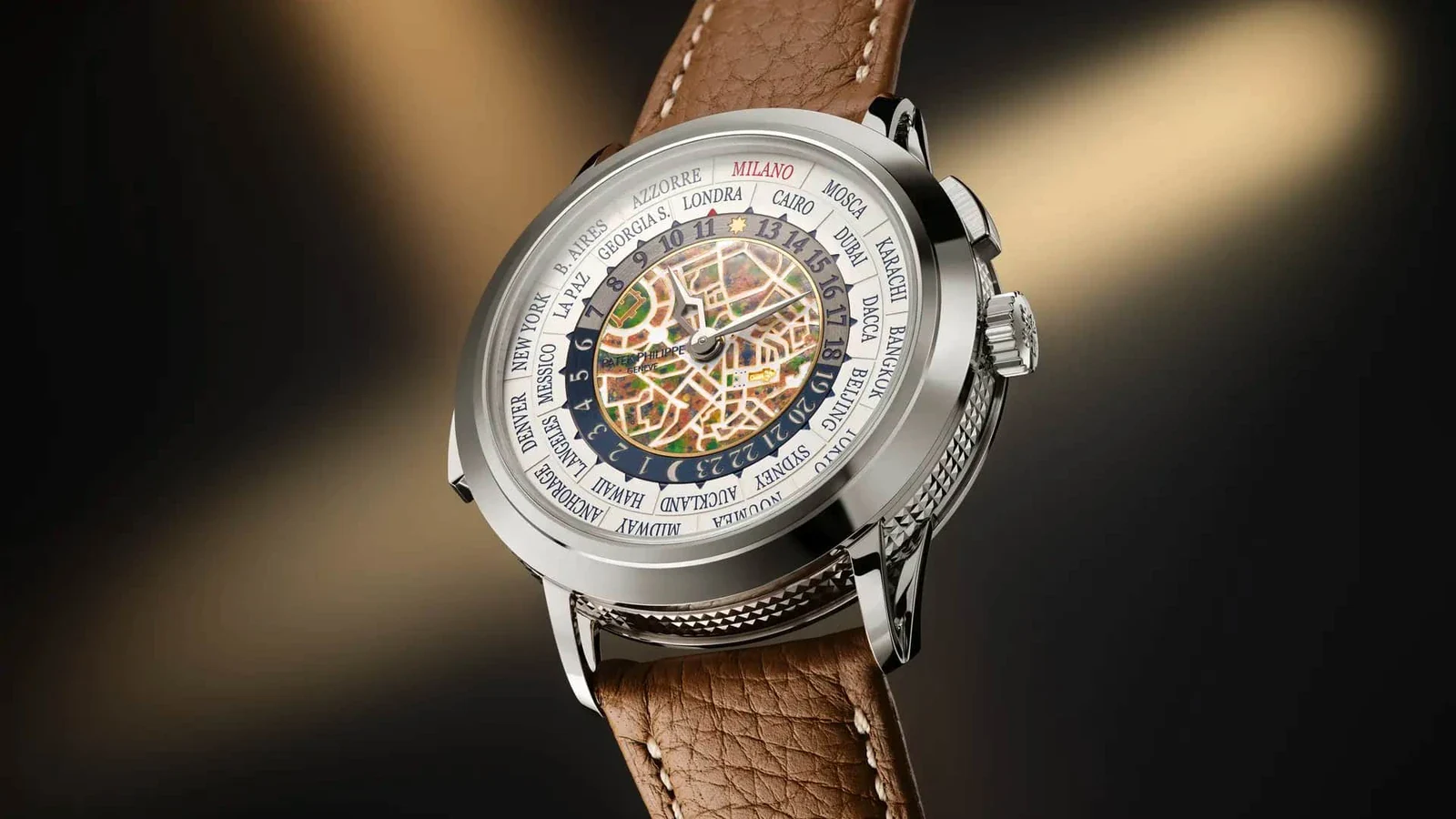 Patek Philippe Ref. 5531G-012 World Time minute repeater with cloisonne enamel map of Milan by day, a Milan edition shown alongside the Patek Philippe 5978P
