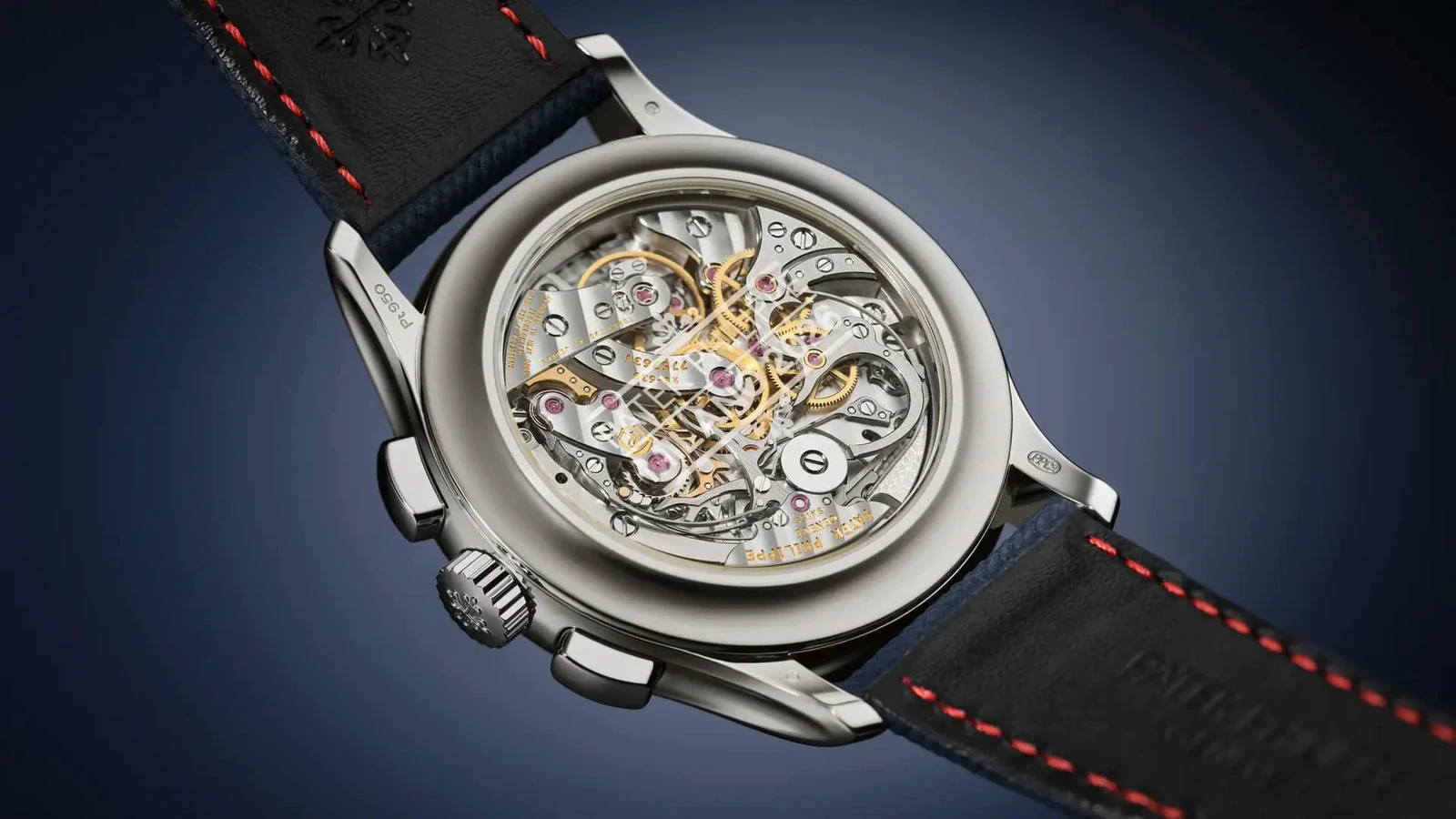 Sapphire caseback of the Patek Philippe 5978P-010 showing the hand-wound CH 29-535 PS QI chronograph movement