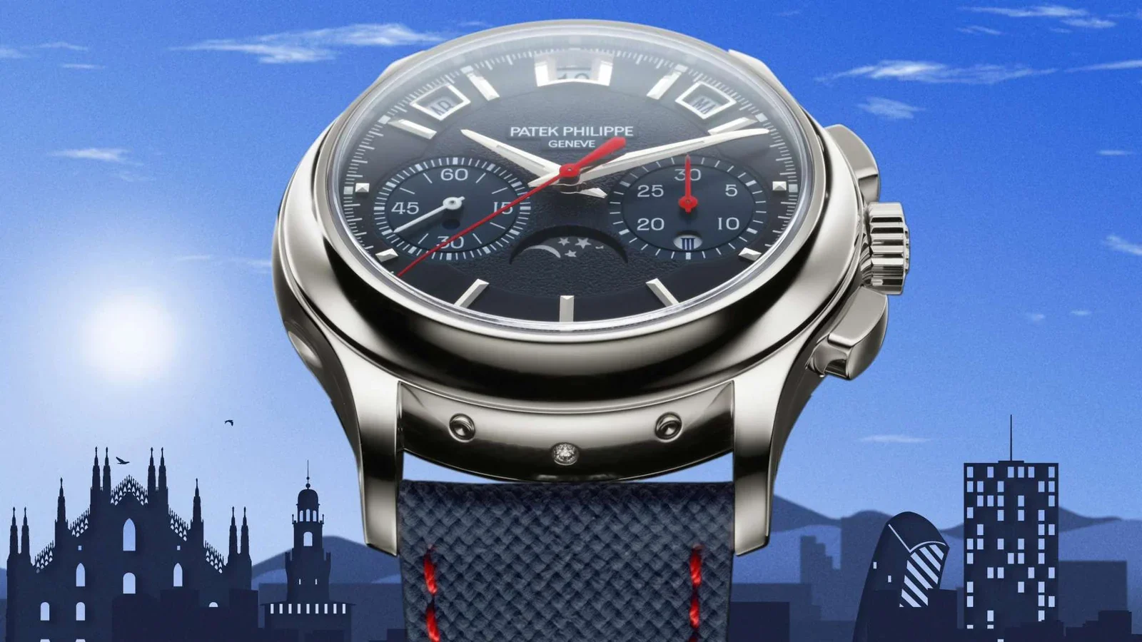 Patek Philippe 5978P-010 shown against an illustrated Milan skyline with the diamond set in the case at 6 o'clock visible