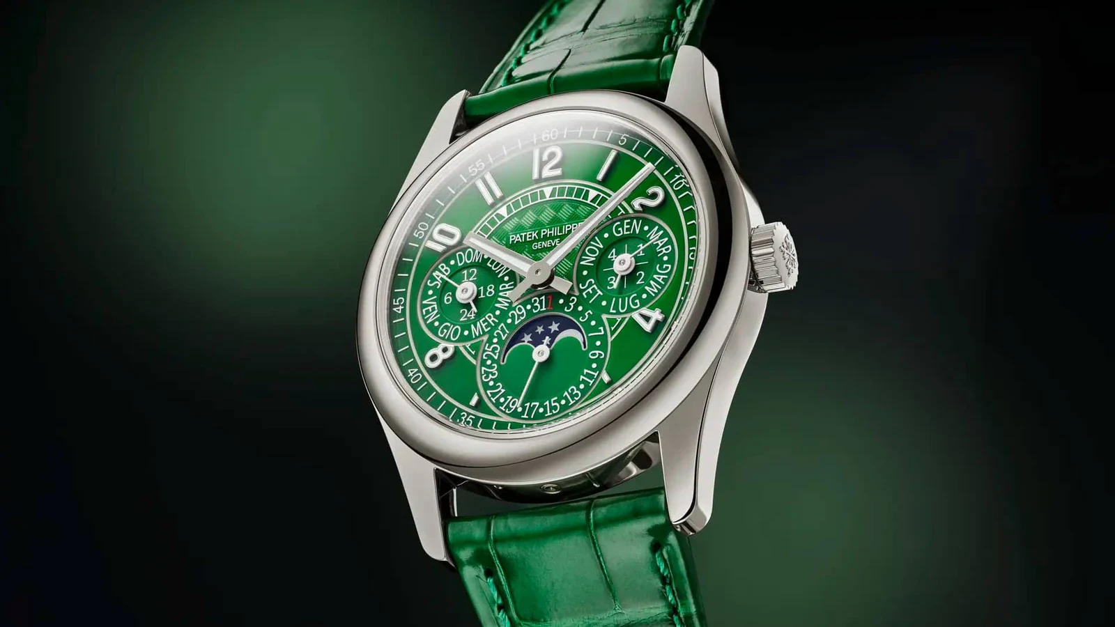Patek Philippe Ref. 7147G-010 perpetual calendar in white gold with green lacquered carbon-pattern dial, a Milan edition shown alongside the Patek Philippe 5978P