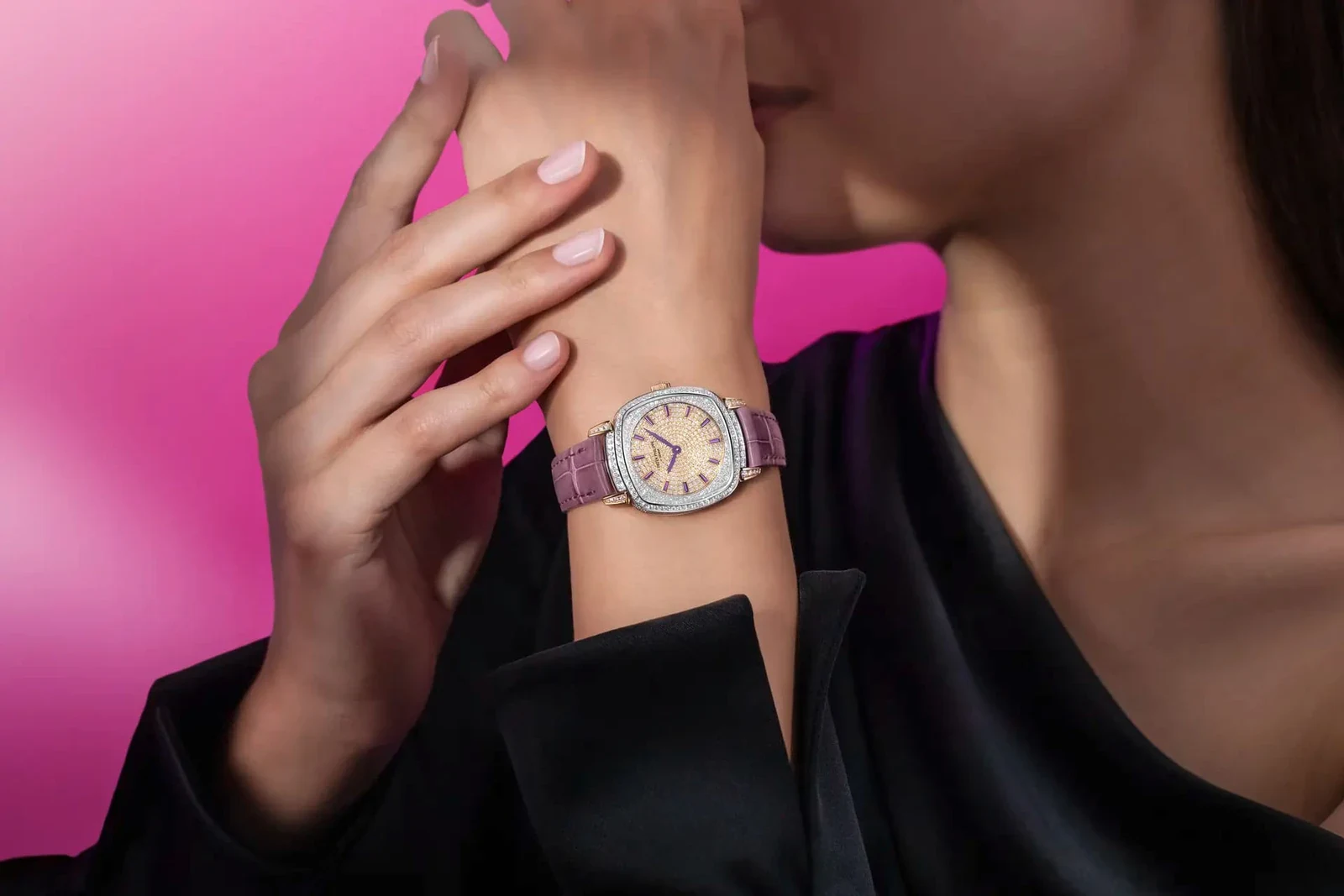 The Patek Philippe Gondolo Ladies First Joaillerie Ref. 7043/250GR-001 with purple alligator strap