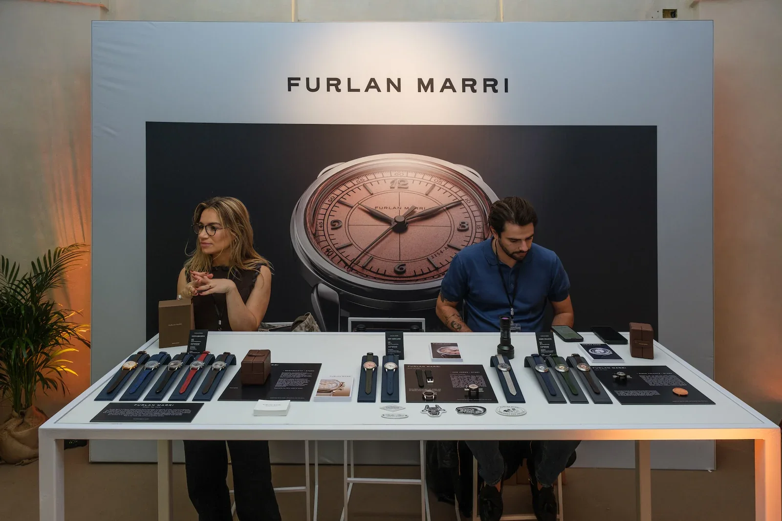 Furlan Marri stand with watches on a white table at After Time 2025, returning to Milan watch events this weekend at Milano Watch Week
