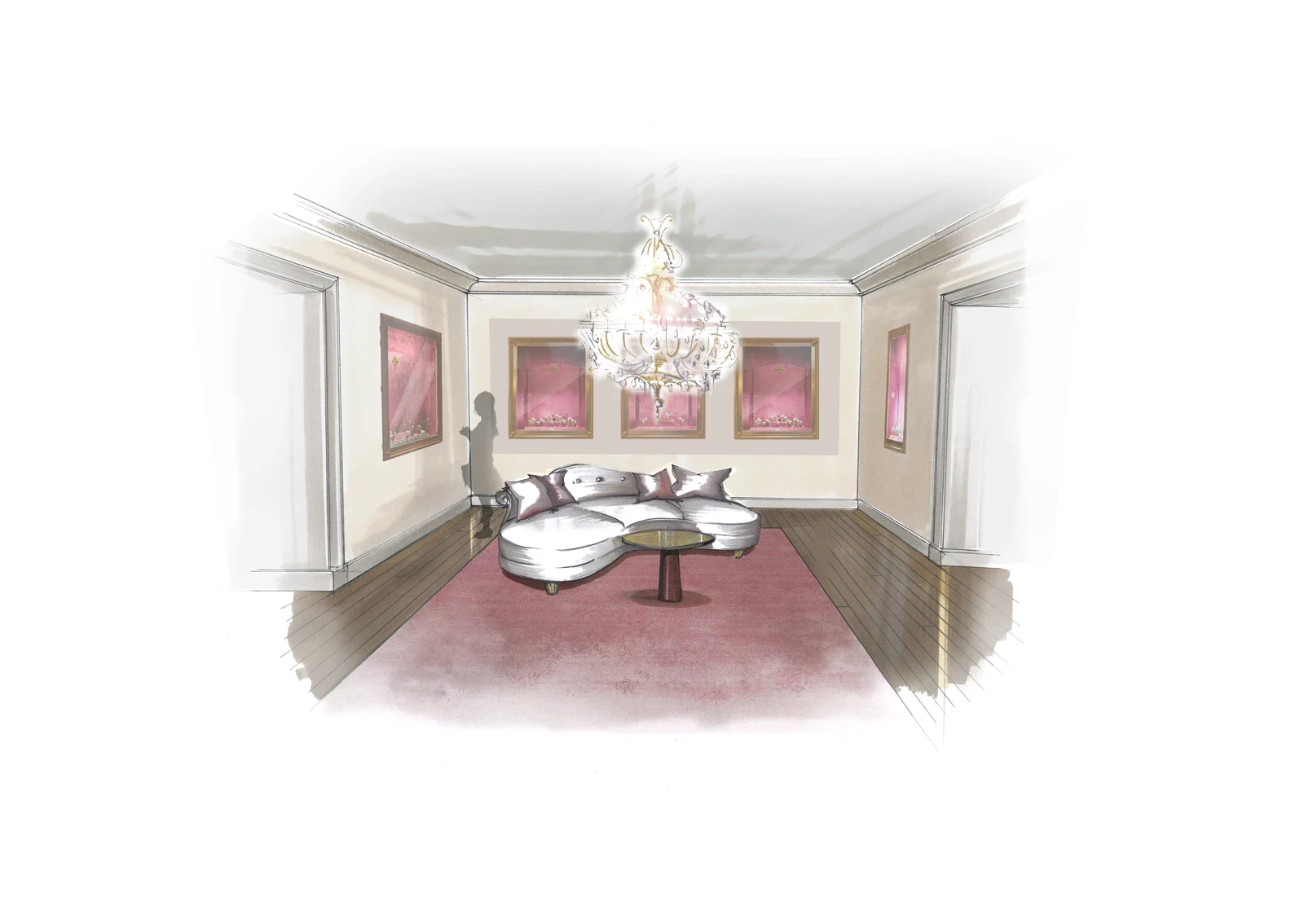 Sketch rendering of the Historic Building current collection room at the Patek Philippe Watch Art Grand Exhibition, one of the Milan watch events this weekend