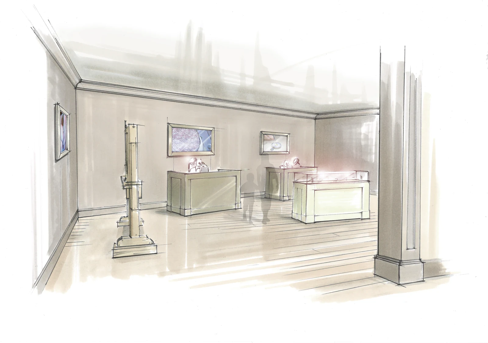 Sketch rendering of the Rare Handcrafts demonstration room at Patek Philippe Watch Art Milan, among the Milan watch events open this weekend