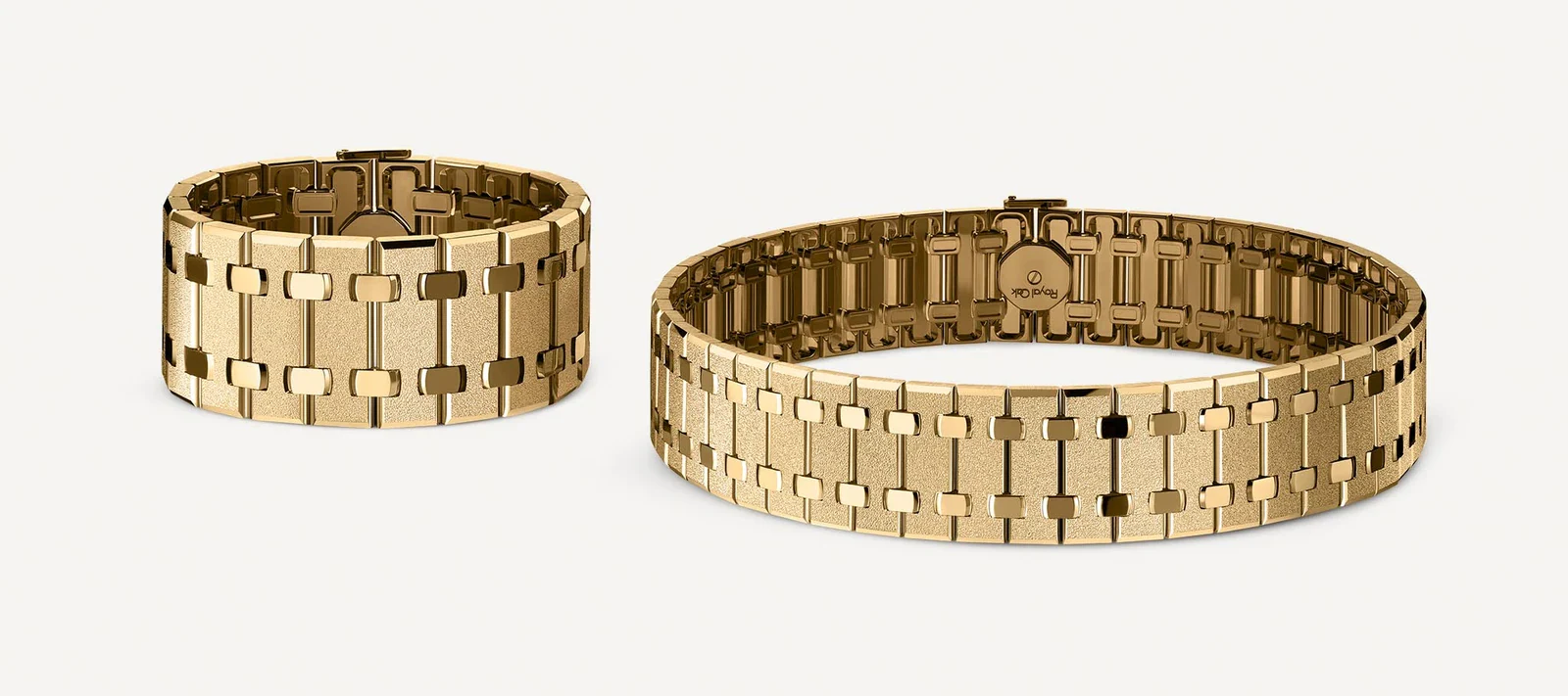 Frosted Gold Summer Haze pieces in 18k yellow gold, each fastened with the octagonal Royal Oak clasp / Photo Credit: Audemars Piguet
