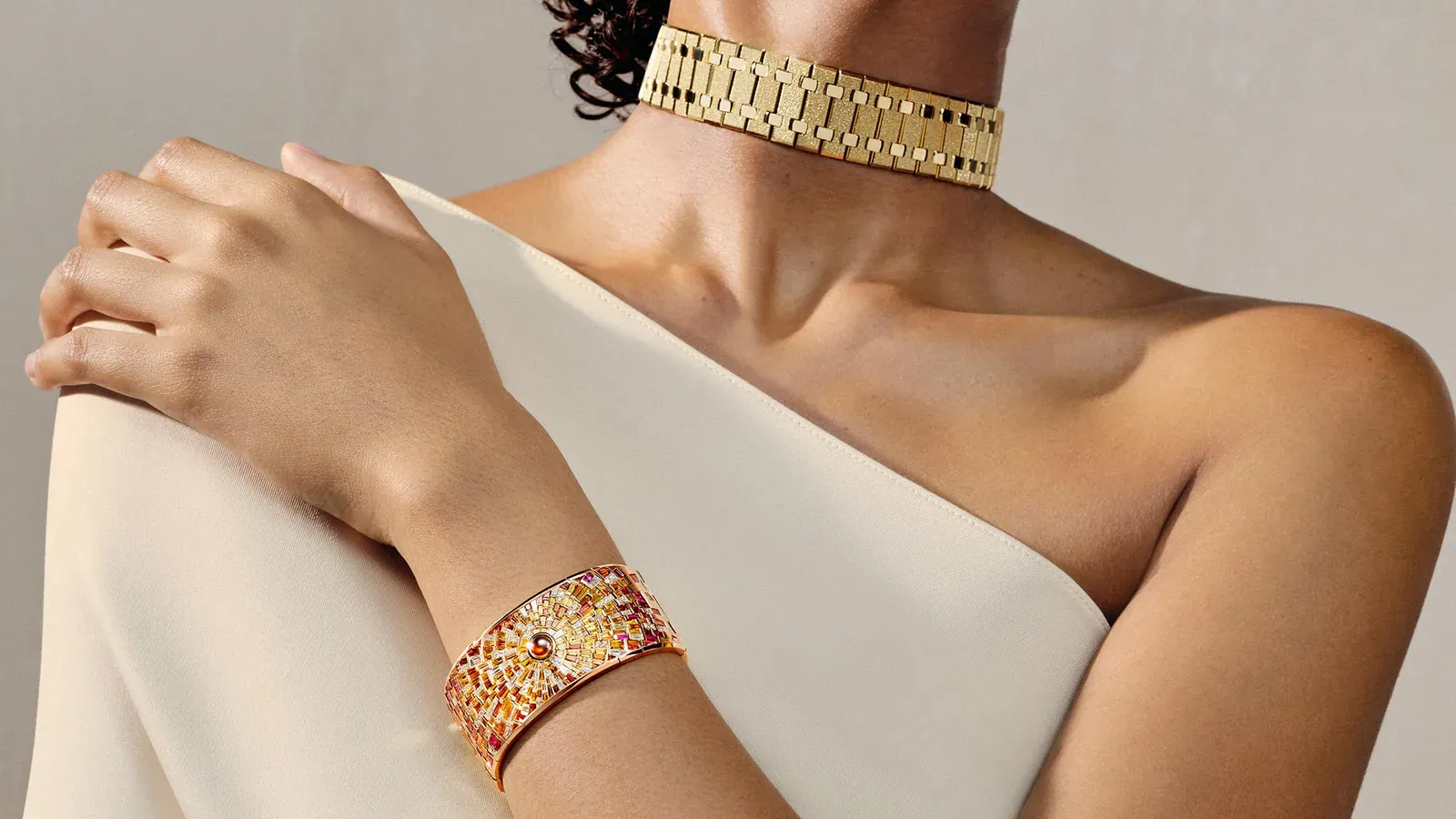 The Sunburst cuff worn with a Frosted Gold Royal Oak choker / Photo Credit: Audemars Piguet