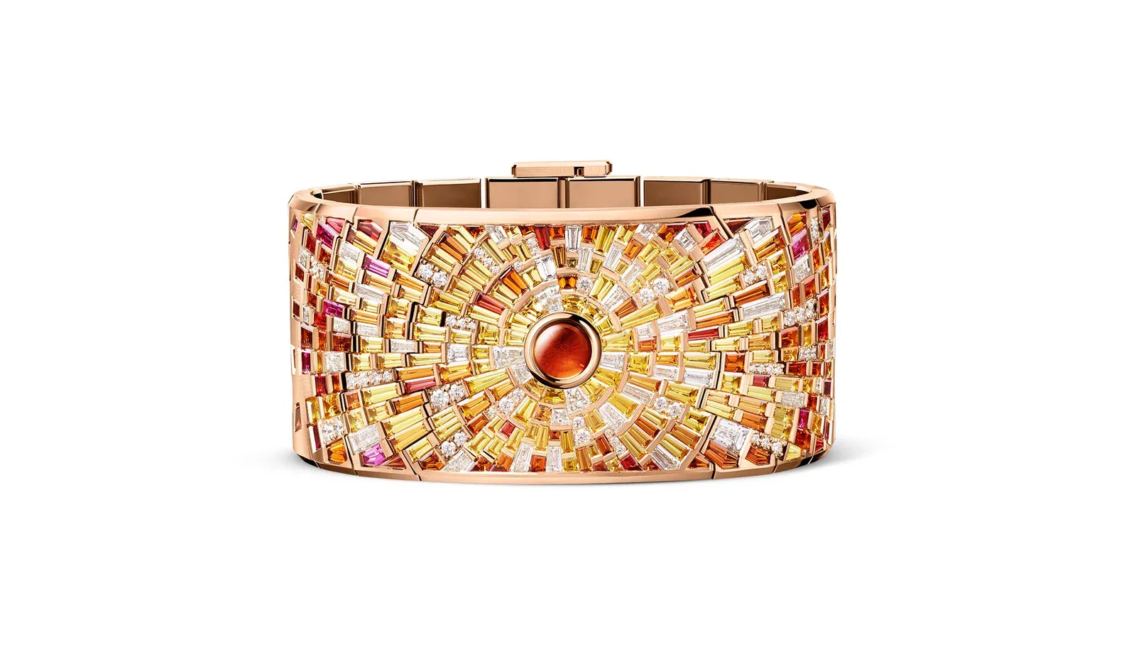 The unique Dream of Joux Sunburst cuff, set with an orange spessartite cabochon, diamonds, spessartites, and sapphires / Photo Credit: Audemars Piguet