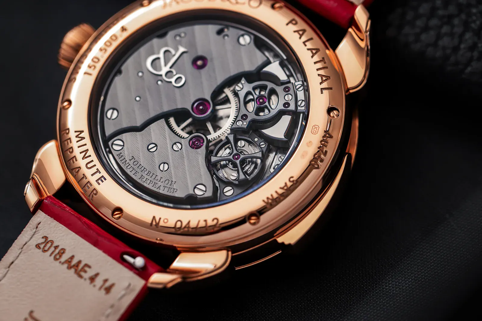 Caseback of the Jacob & Co. Palatial Flying Tourbillon Minute Repeater showing Caliber JCCM04 and its cathedral gongs through sapphire