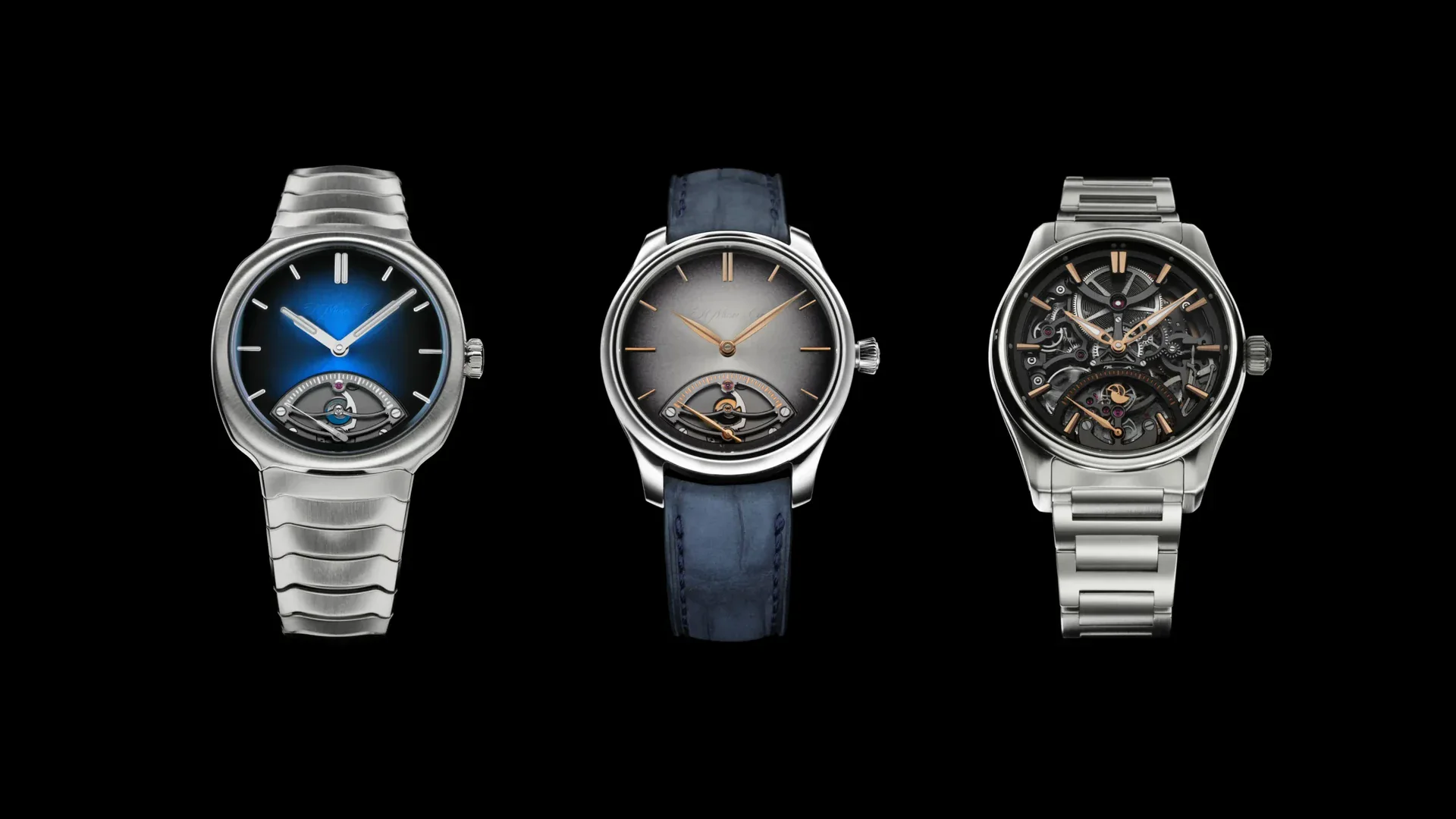 H. Moser & Cie. retrograde seconds watch trio: Streamliner, Endeavour, and Pioneer Skeleton Retrograde Seconds in steel