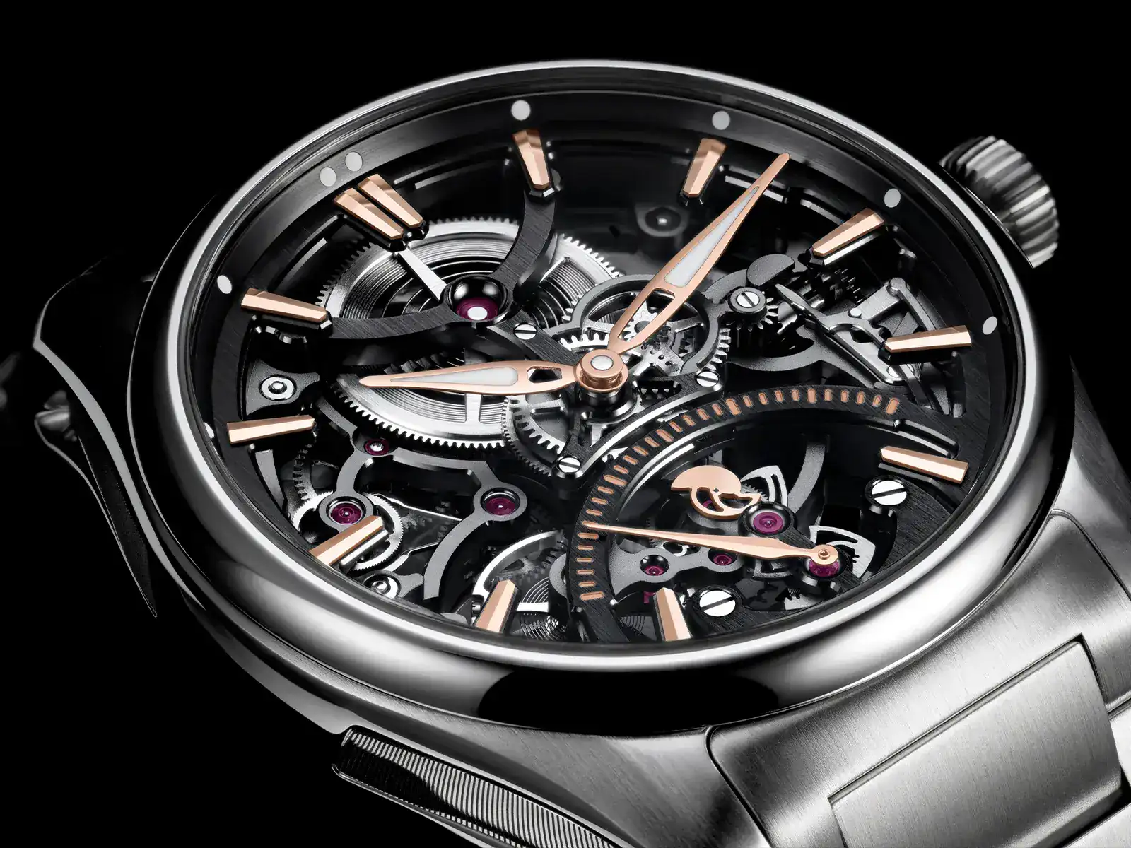 Pioneer Skeleton Retrograde Seconds watch Ref. 3251-1200 showing the skeletonized HMC 251 calibre