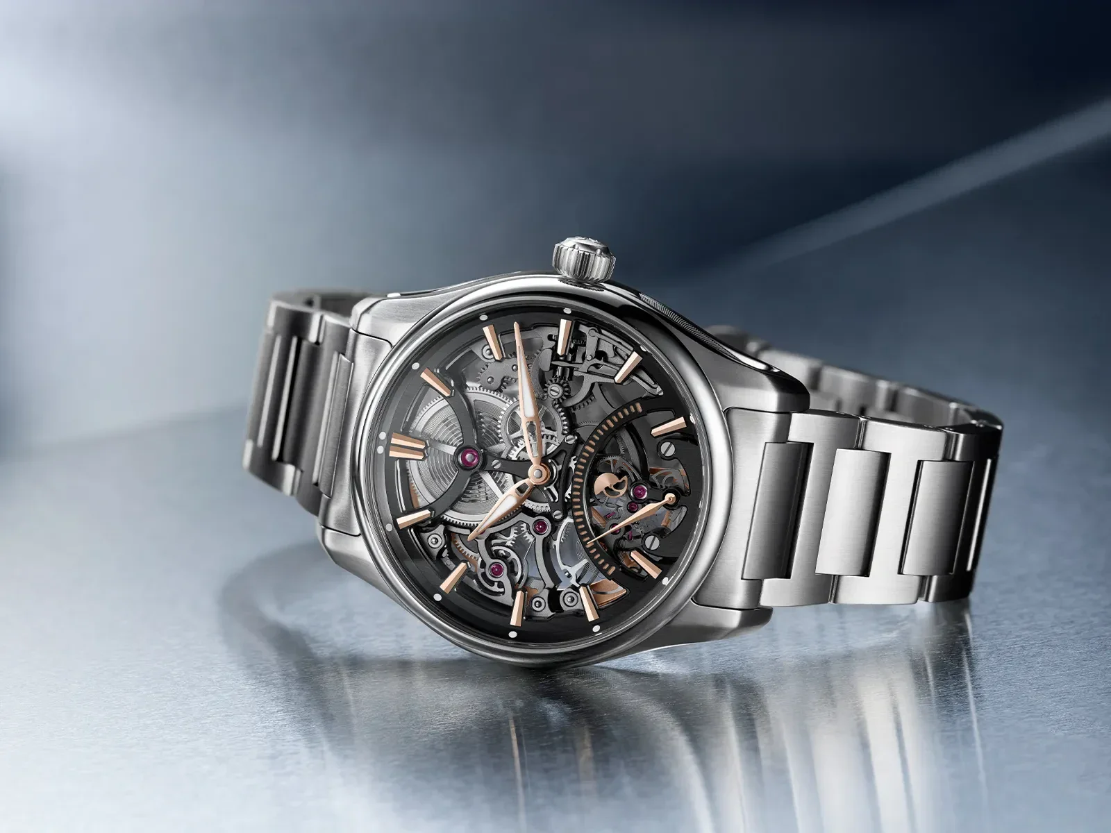 H. Moser Pioneer Skeleton Retrograde Seconds watch on its steel bracelet