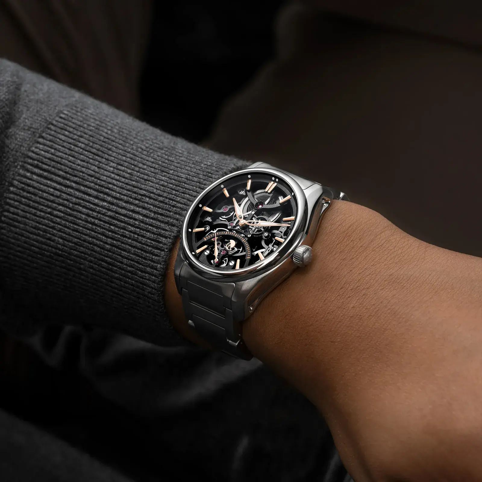 H. Moser Pioneer Skeleton Retrograde Seconds watch on the wrist