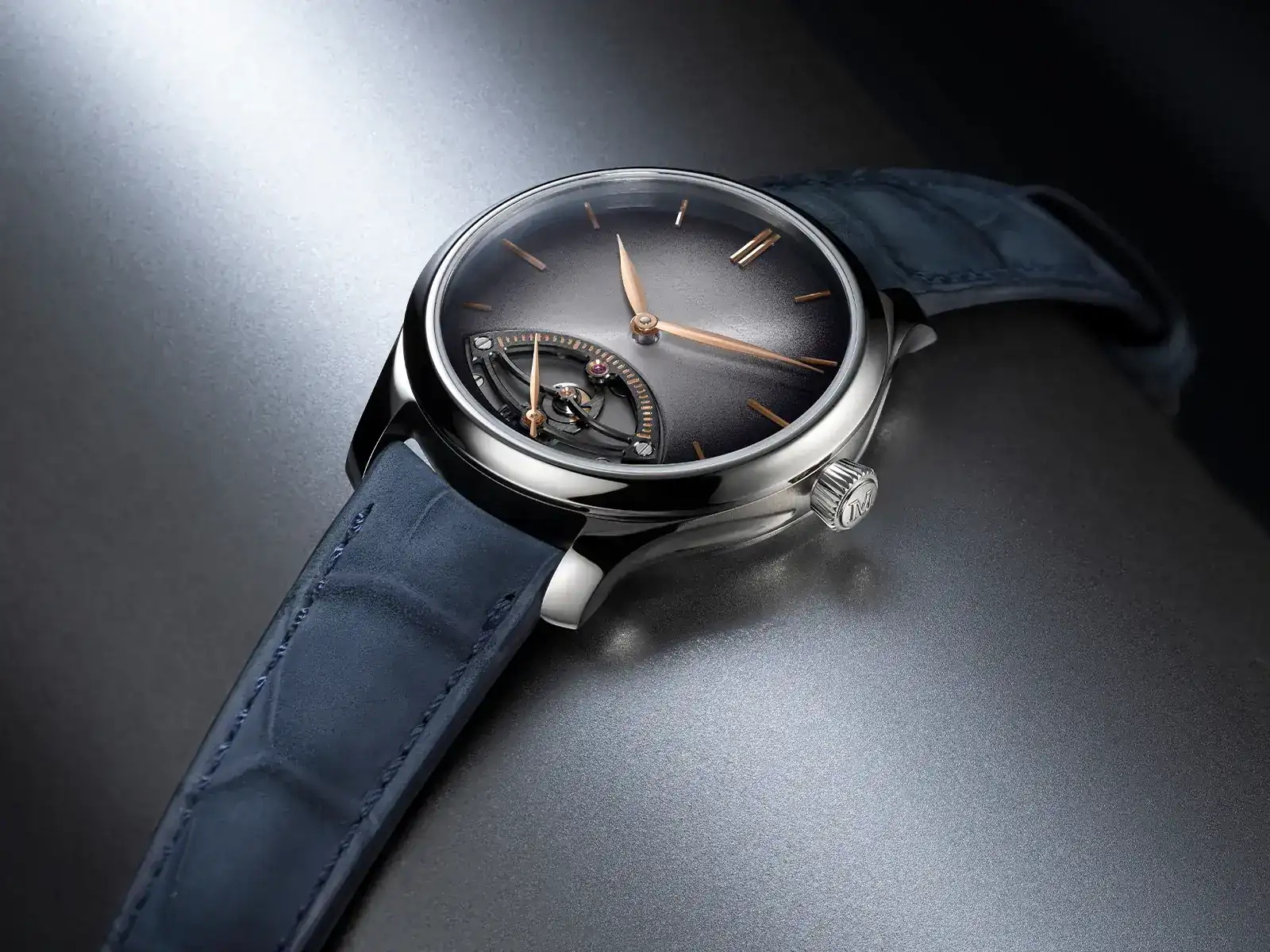 H. Moser Endeavour Retrograde Seconds watch on a night-blue nubuck alligator strap