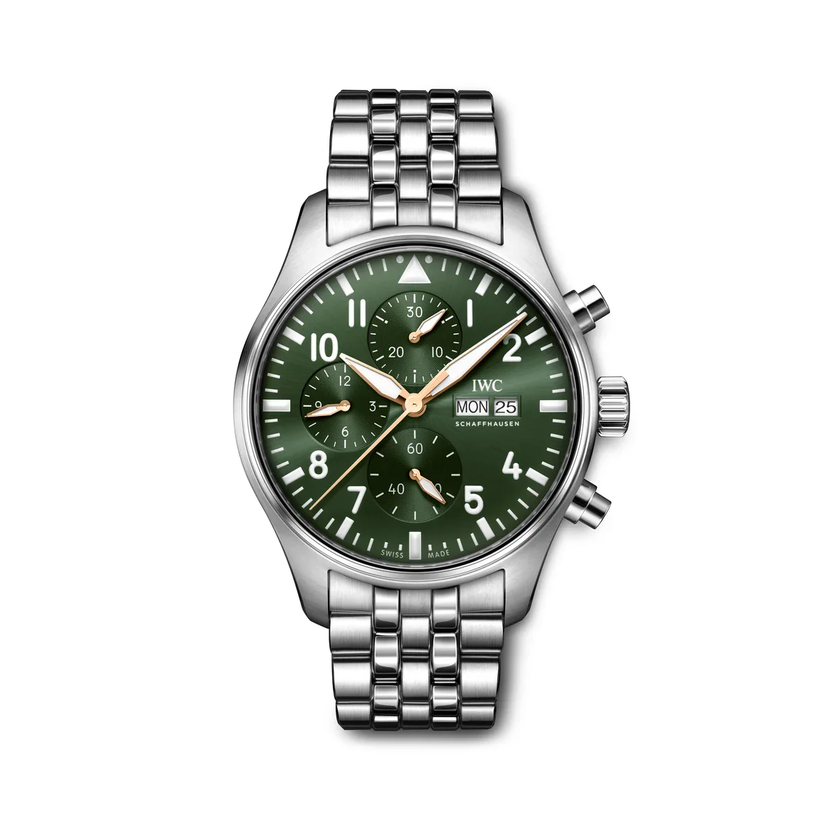 Entry luxury watches 2026: IWC Pilot’s Watch Chronograph IW378008 with olive-green dial and steel bracelet