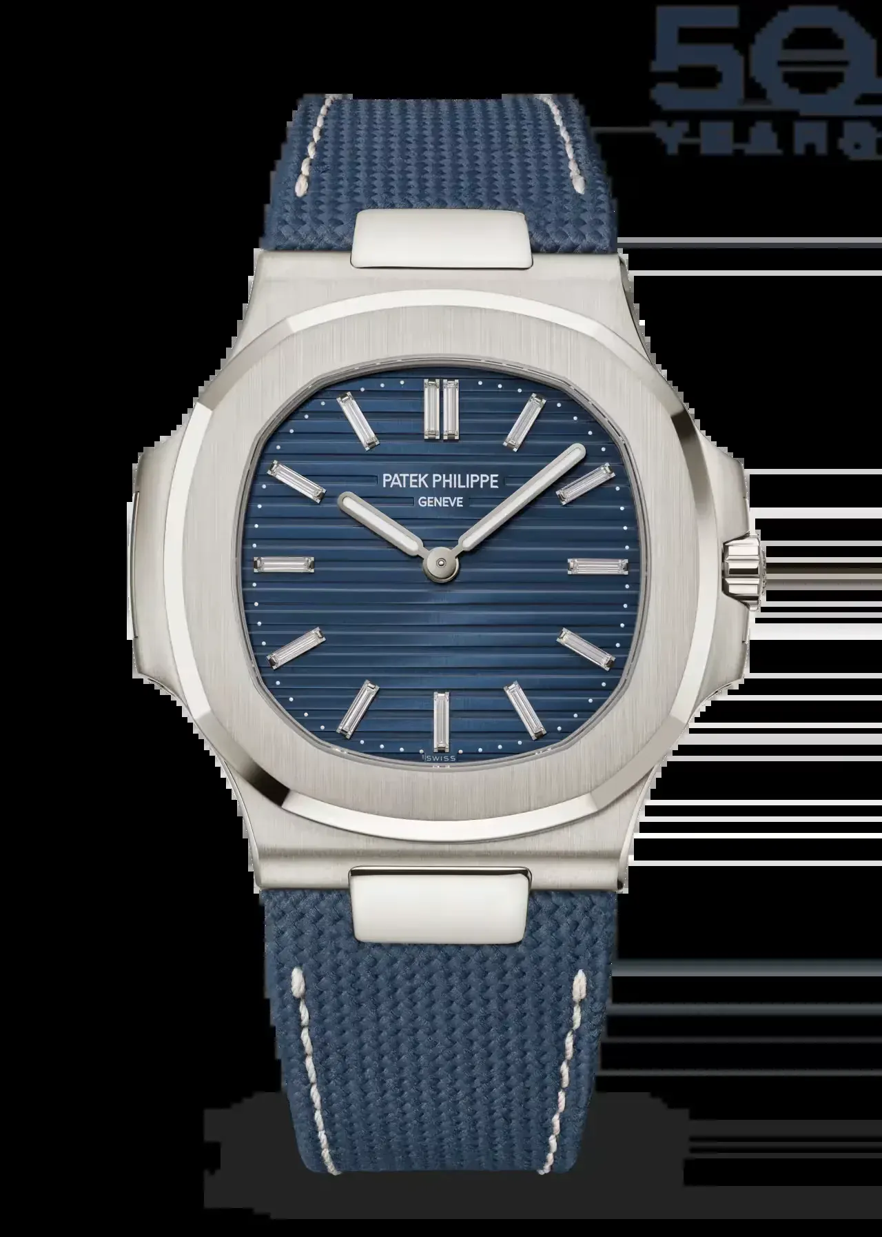 Messi Patek Philippe Nautilus 5810G-001 in white gold, front view, sunburst blue dial and navy fabric strap, with a 50 Years mark behind it