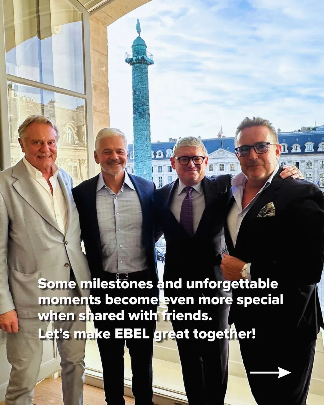 F.P. Journe Chanel Ebel deal: four men stand by a window overlooking the Vendôme column in Paris, with overlay text reading Let’s make EBEL great together