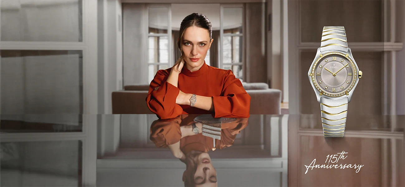 F.P. Journe Chanel Ebel: an EBEL Sport Classic campaign image with a two-tone wave bracelet and a 115th Anniversary signature
