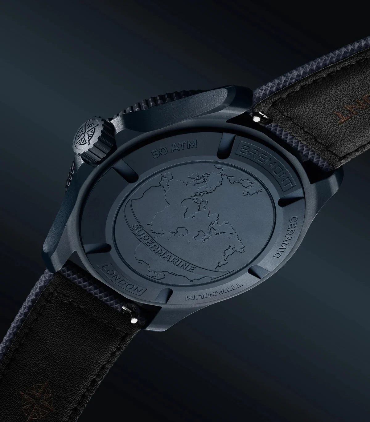 Bremont Supermarine Full Ceramic Deep Blue PVD blue titanium caseback engraved with a Spilhaus-projection map of the world's oceans