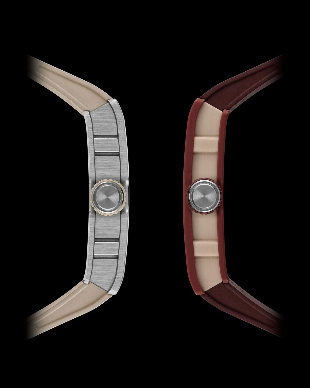 Side profiles of two Richard Mille RM 16-02 Automatic Extraflat cases, one pale and one terracotta, showing the curved rectangular case behind the Jeremy Strong Richard Mille sighting