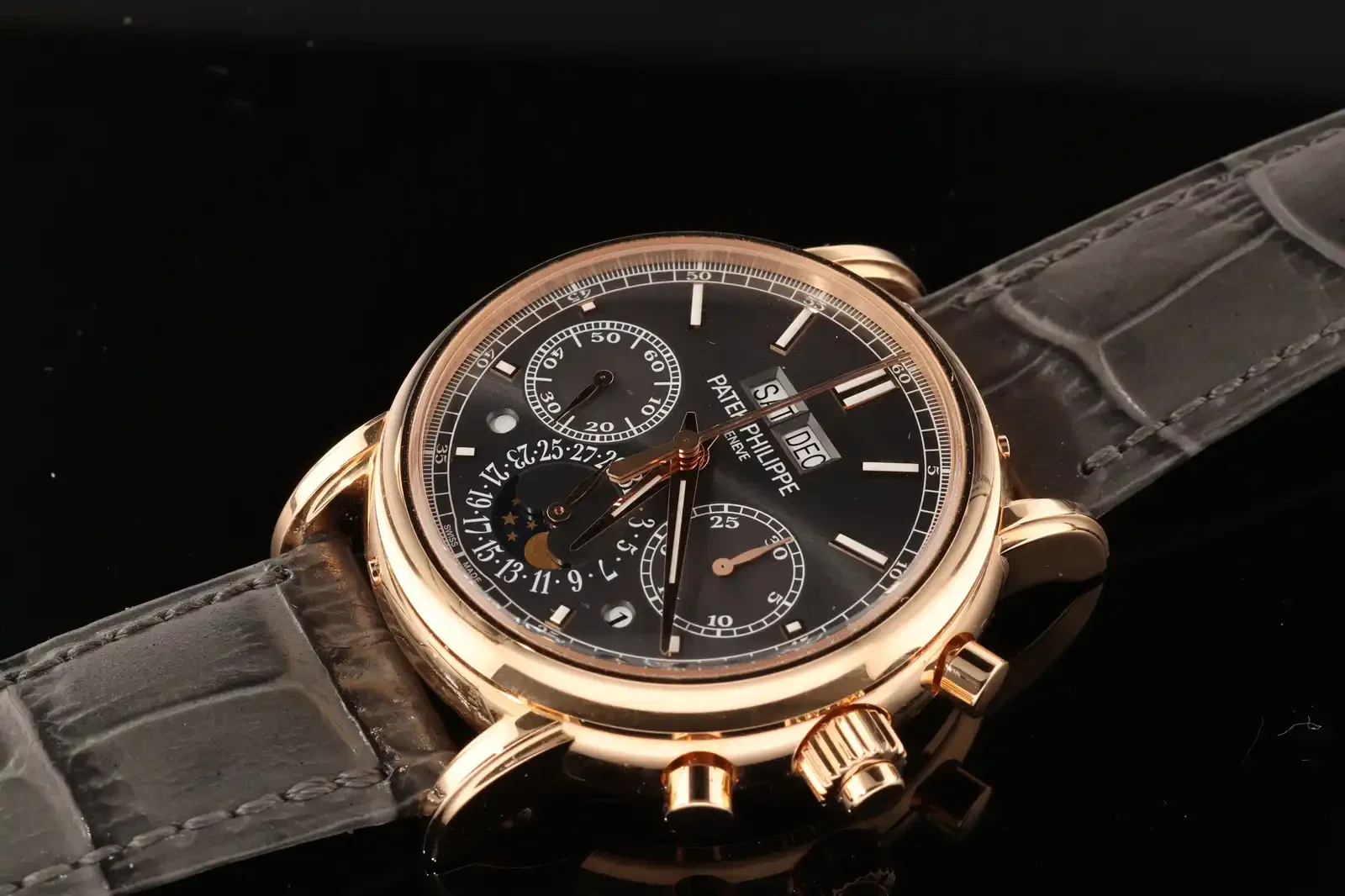 Patek Philippe Ref. 5204R-011 perpetual calendar split-seconds chronograph in rose gold, offered alongside the Philippe Dufour Simplicity auction lead lot