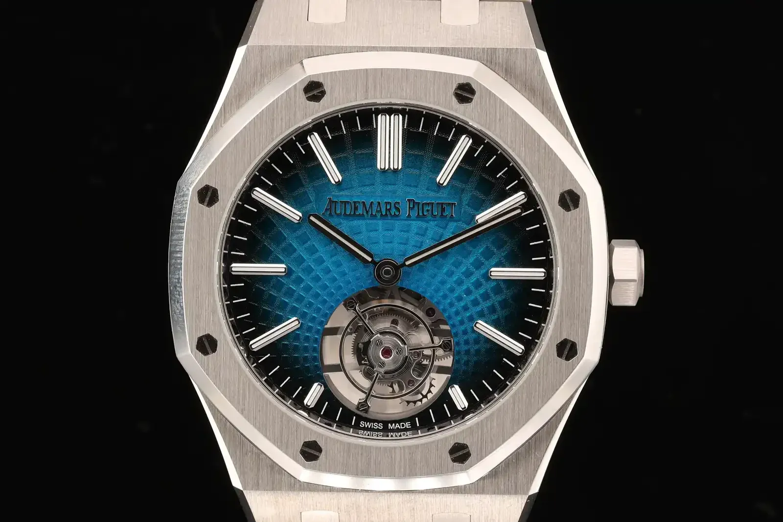 Audemars Piguet Royal Oak Ref. 26530ST in steel with a blue dial and flying tourbillon at six o’clock, a lot in the Philippe Dufour Simplicity auction