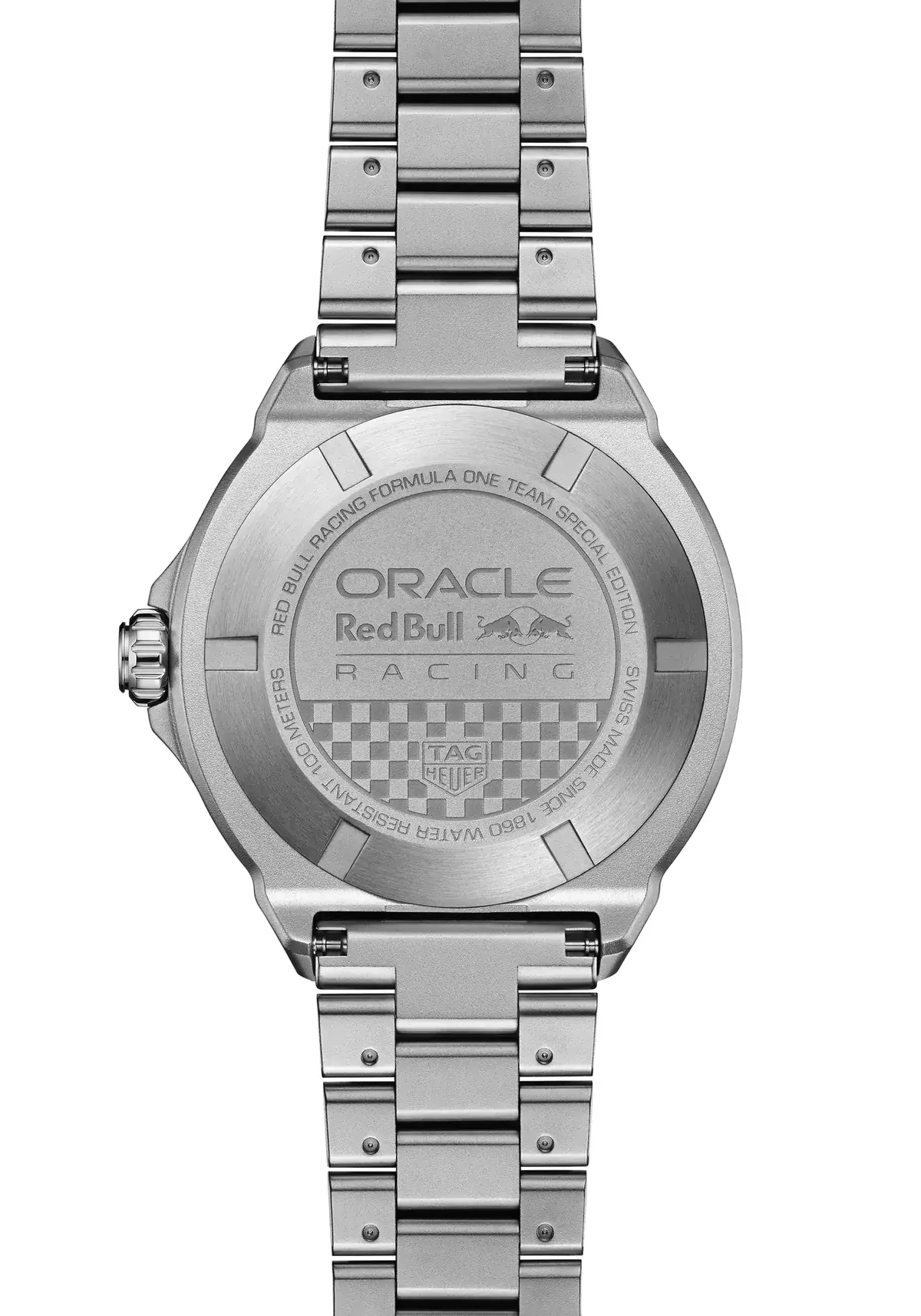 TAG Heuer Formula 1 Solargraph x Oracle Red Bull Racing caseback with team logo and checkered flag pattern