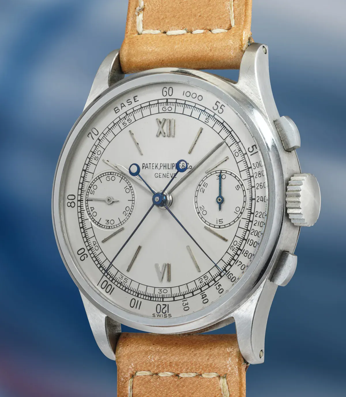 November 2026 watch auctions: Patek Philippe Ref. 1436 steel split-seconds chronograph dial and case detail, Phillips Geneva XXIV