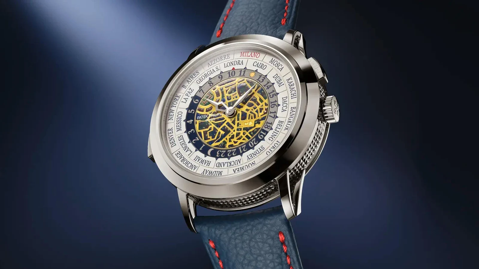 Métiers d'art watches: Patek Philippe Ref. 5531G-013 World Time Minute Repeater with cloisonné enamel Milan by night dial and hobnail-guilloché case