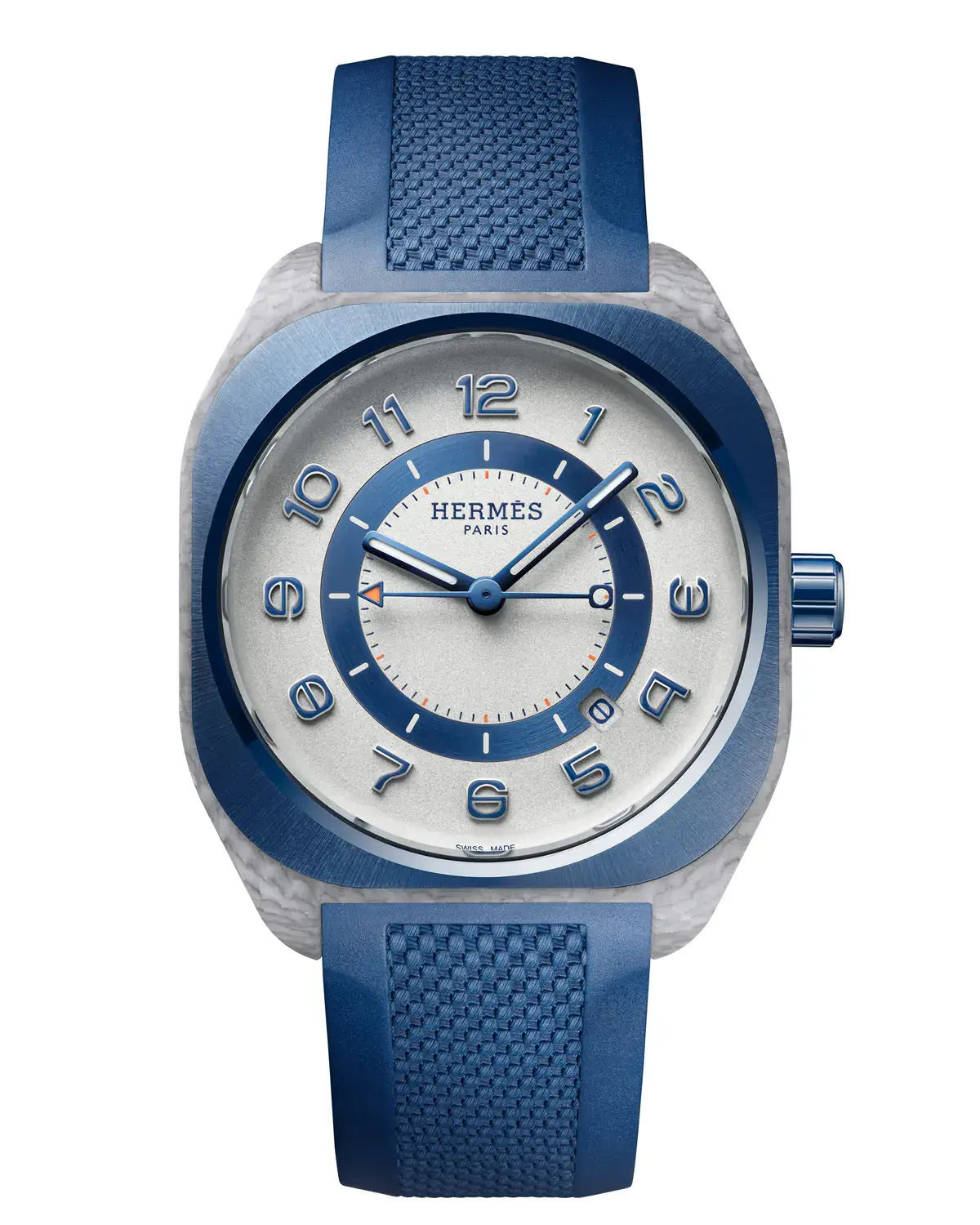 Hermès H08 Bleu de Malte front view with blue ceramic bezel, white lacquered dial, and Maltese blue rubber strap