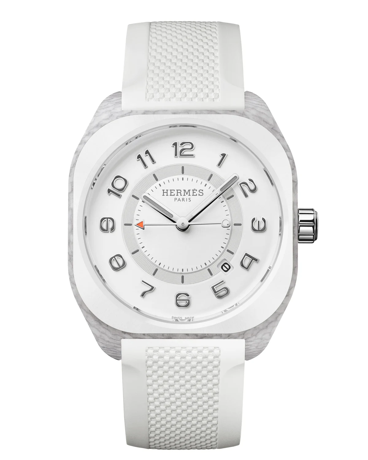 Hermès H08 Blanc front view showing the monochrome white dial, ruthenium Arabic numerals, and white rubber strap