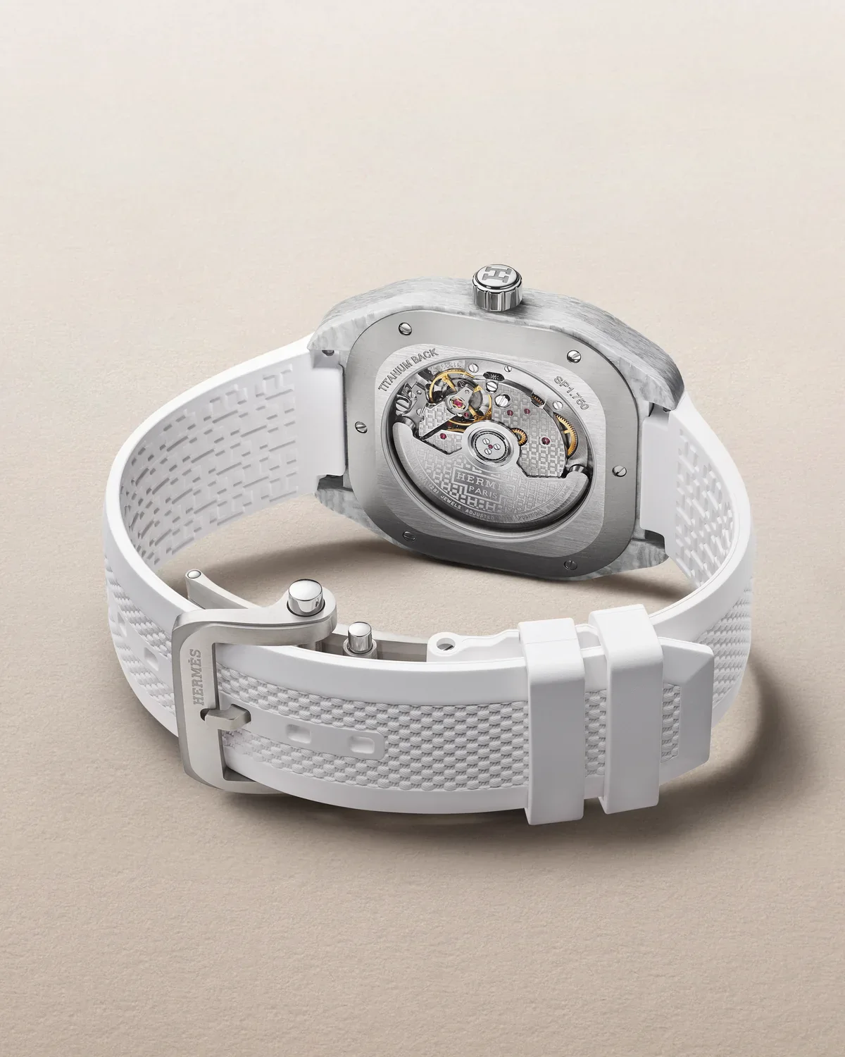 Hermès H08 Blanc caseback revealing the Manufacture Hermès H1837 self-winding movement