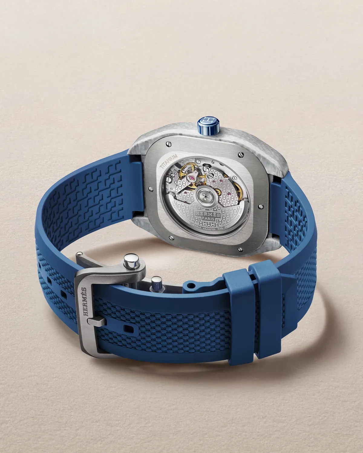 Hermès H08 Bleu de Malte caseback and Maltese blue rubber strap